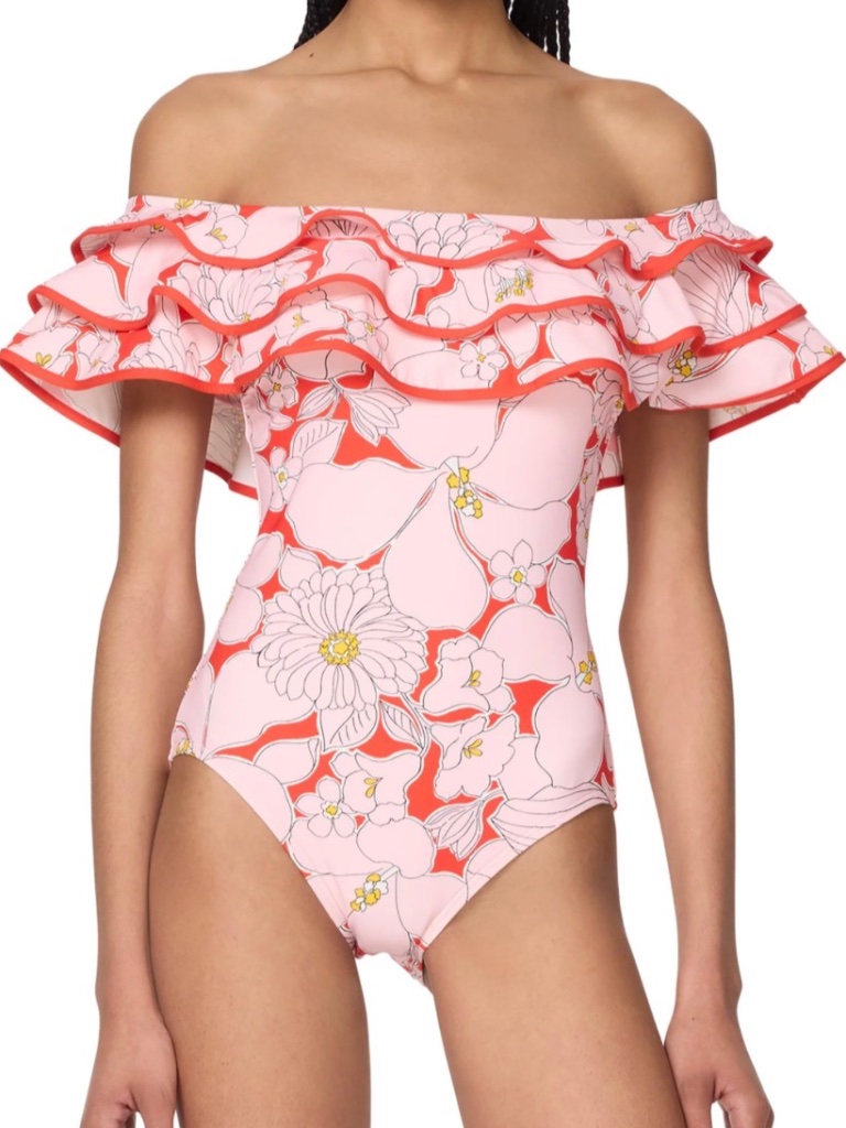 Kate Spade Off The Shoulder Ruffle One Piece Swimsuit - Coastal Garden Nwt L